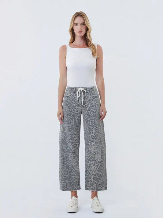 High Rise Drawstring Grey Leopard Barrel Jeans