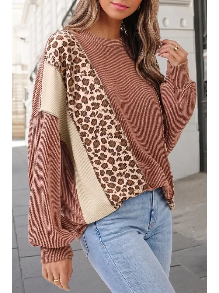 Leopard Print Colorblock Ribbed Knit Pullover Top