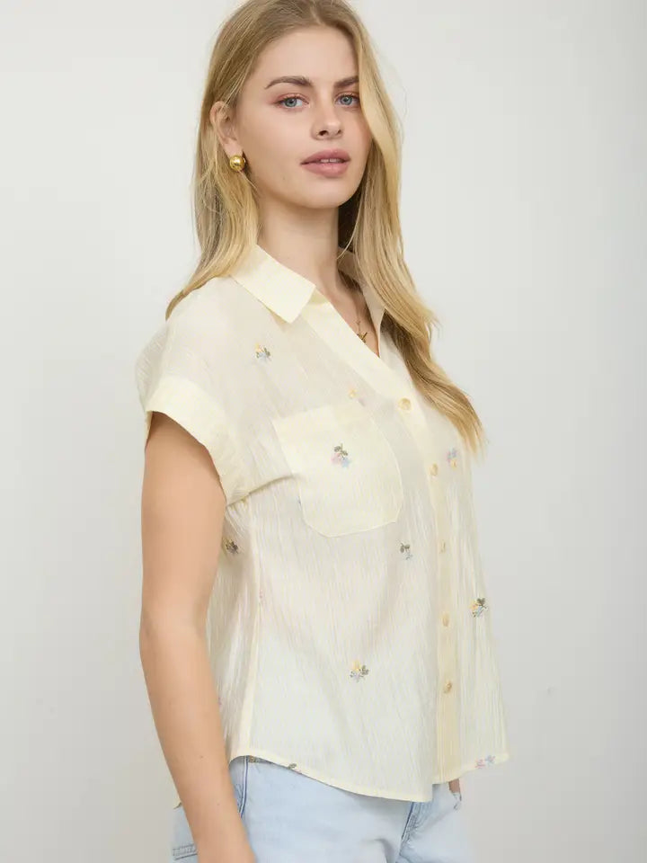 Floral Embroidery Pinstripe Pattern Collared Shirt