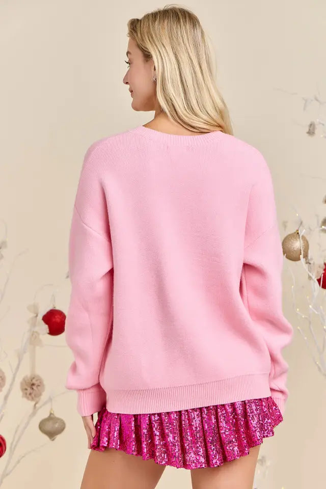 Deck the Halls Pink Christmas Knit Sweater Holiday Pullover