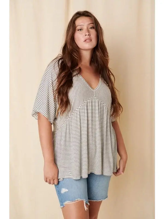 Plus Stripe V-Neck Babydoll Knit Top