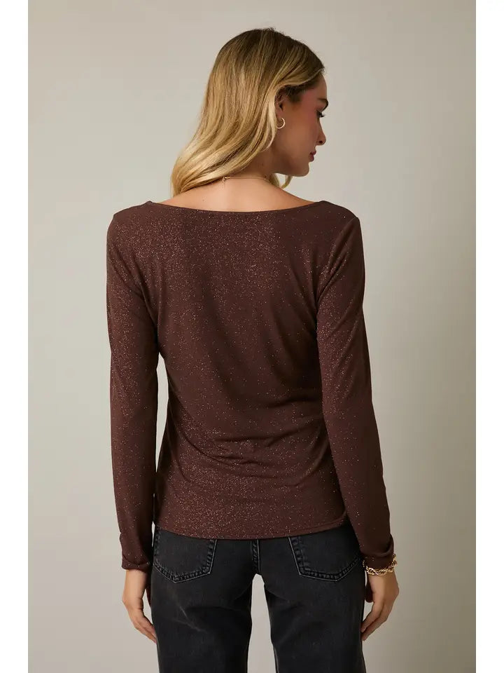 Square Neck Long Sleeve Metallic Top