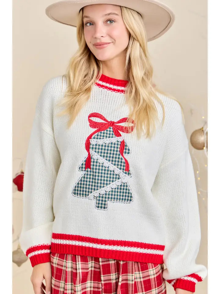Plaid Tree Knit Sweater with Red Bow – Holiday Pullover