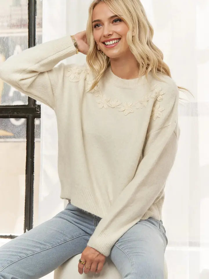 Long Sleeve Sweater with Floral Neck Design