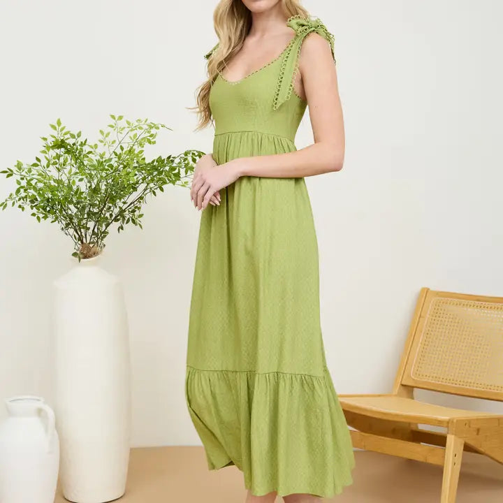 Scallop Eyelet Trim Tie Strap Midi Dress