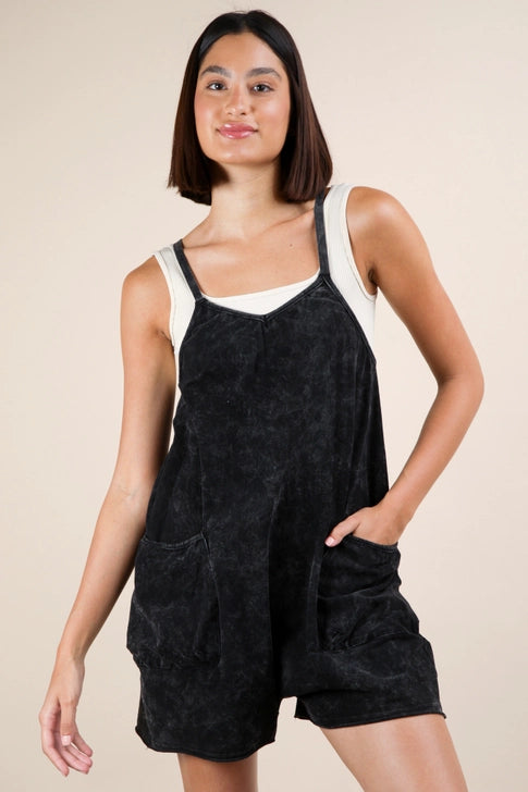 Mineral Washed Sleeveless Casual Knit Romper