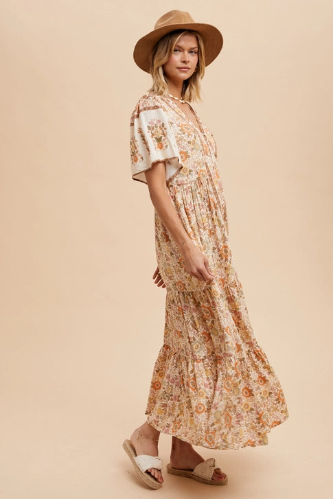 Border Print Button Front Midi Dress