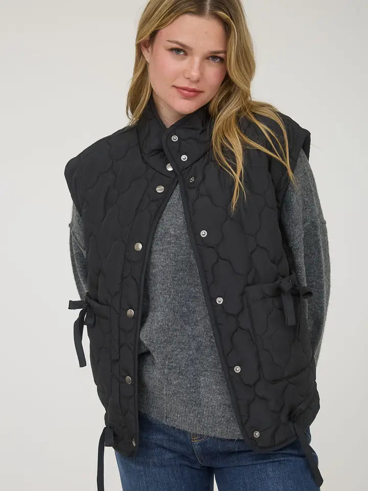Tie Detail Snap Button Down Quilted Puffer Vest