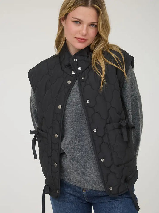 Tie Detail Snap Button Down Quilted Puffer Vest