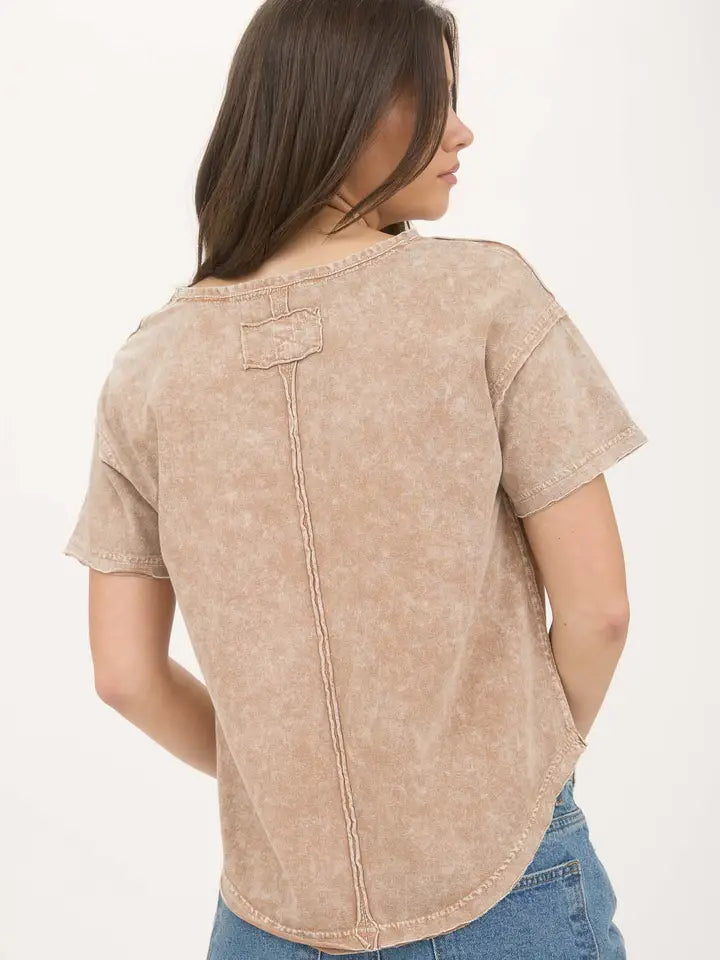 Washed Scoop Neck Short Sleeve Knit Top