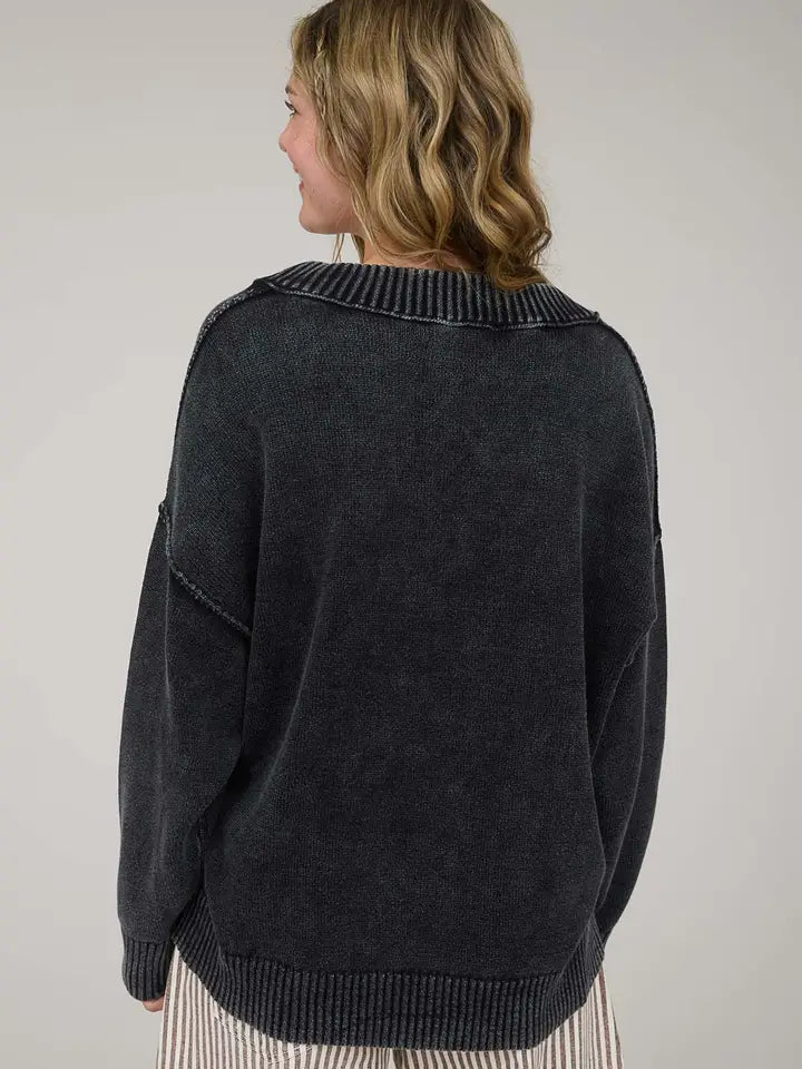 Washed V Neck Long Sleeve Oversized Knit Sweater