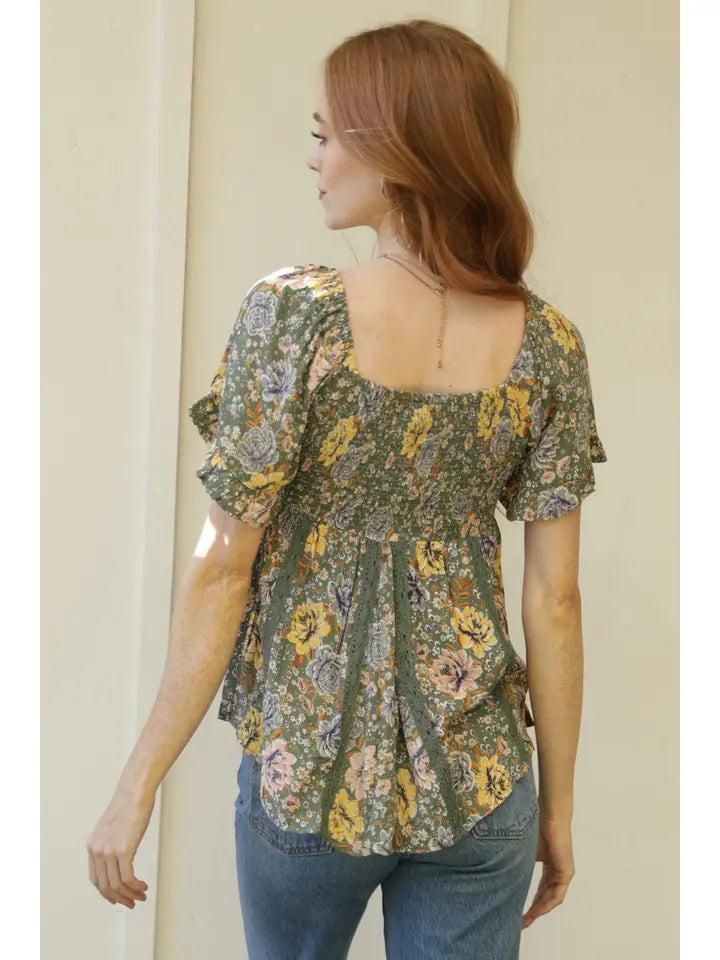Lace Insets Twist Front Floral Printed Blouse