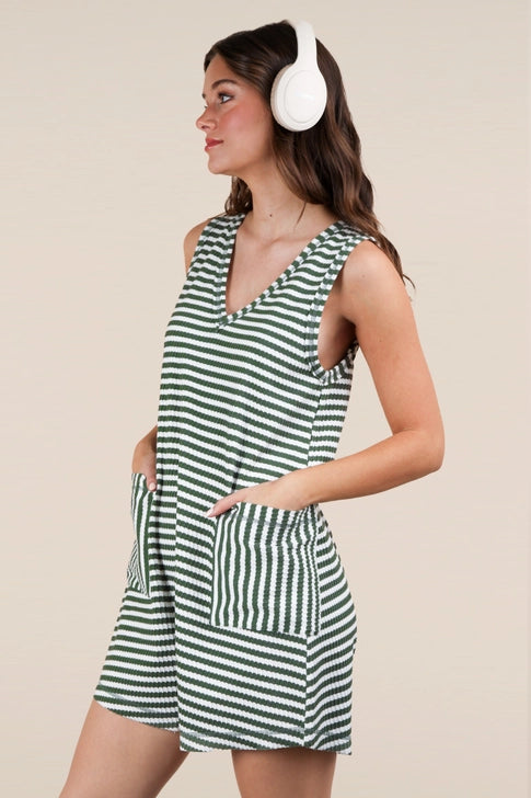 Striped Knit Casual Comfy Romper- Olive