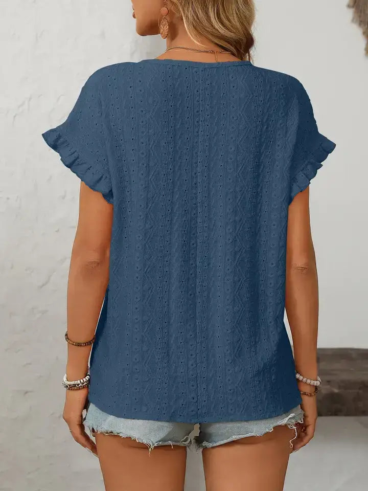 Hollow-Out Crewneck Short Sleeve Summer Top