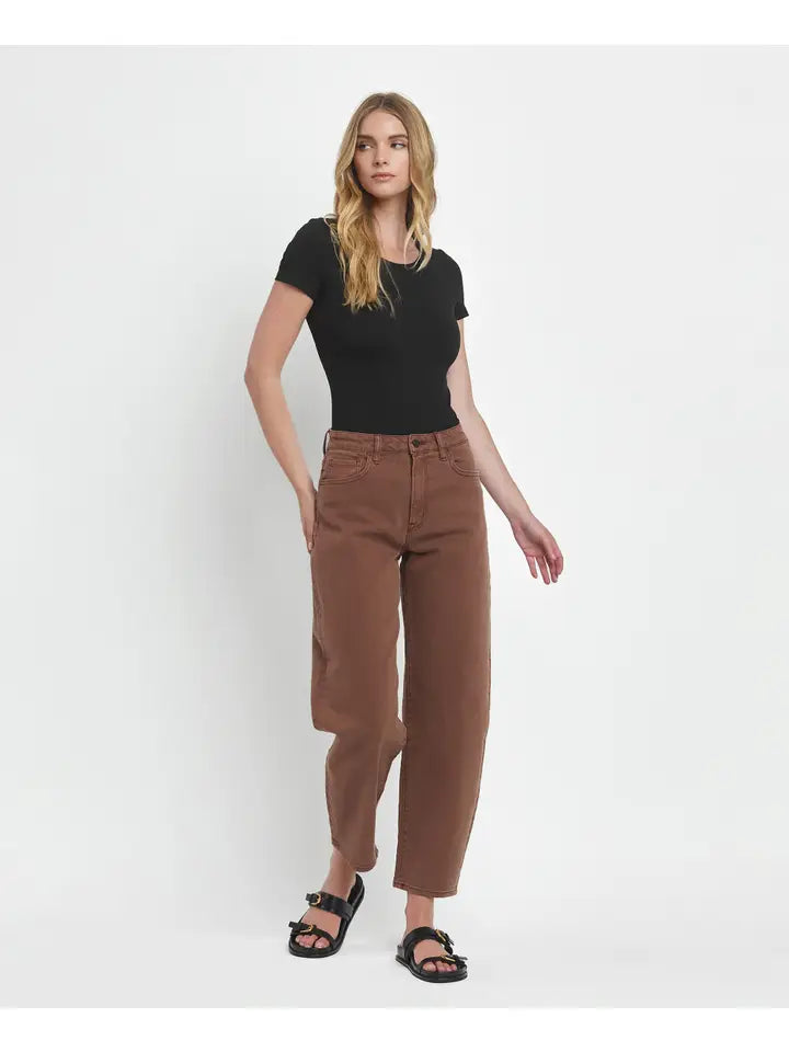 Super High Rise Brown Slim Barrel Jeans