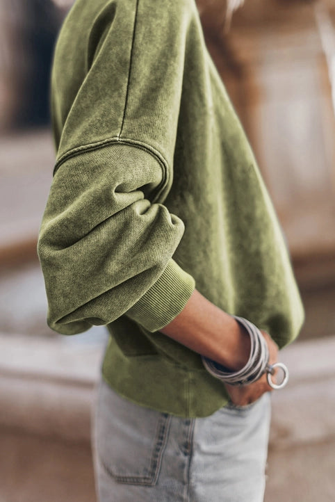 Solid Color Drop Shoulder Crew Neck Pullover Sweatshirt (Green)
