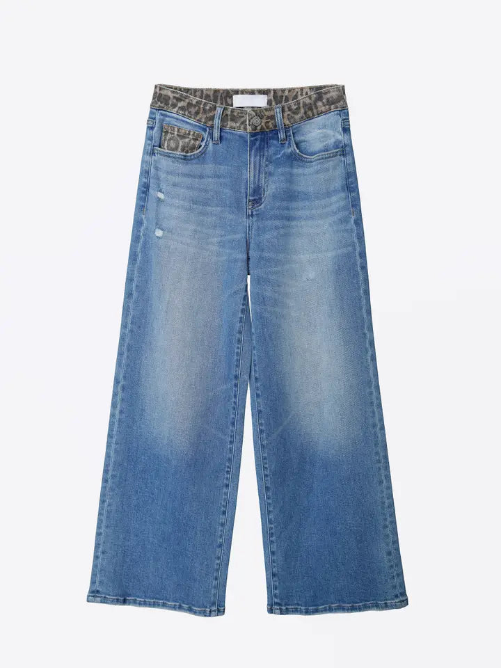 High Rise Leopard Print Waistband Ankle Wide Jeans