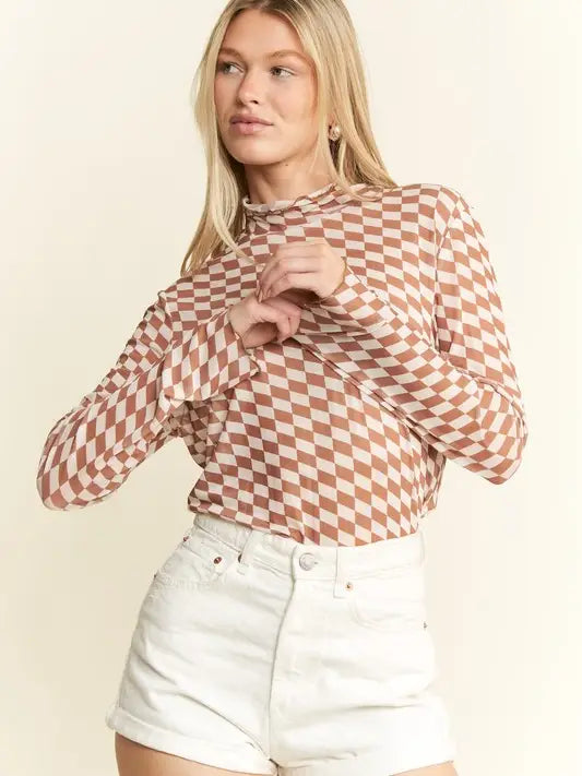 Checkered Mesh Mock Neck Top