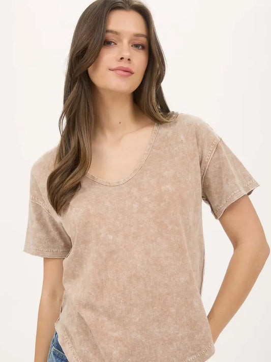 Washed Scoop Neck Short Sleeve Knit Top