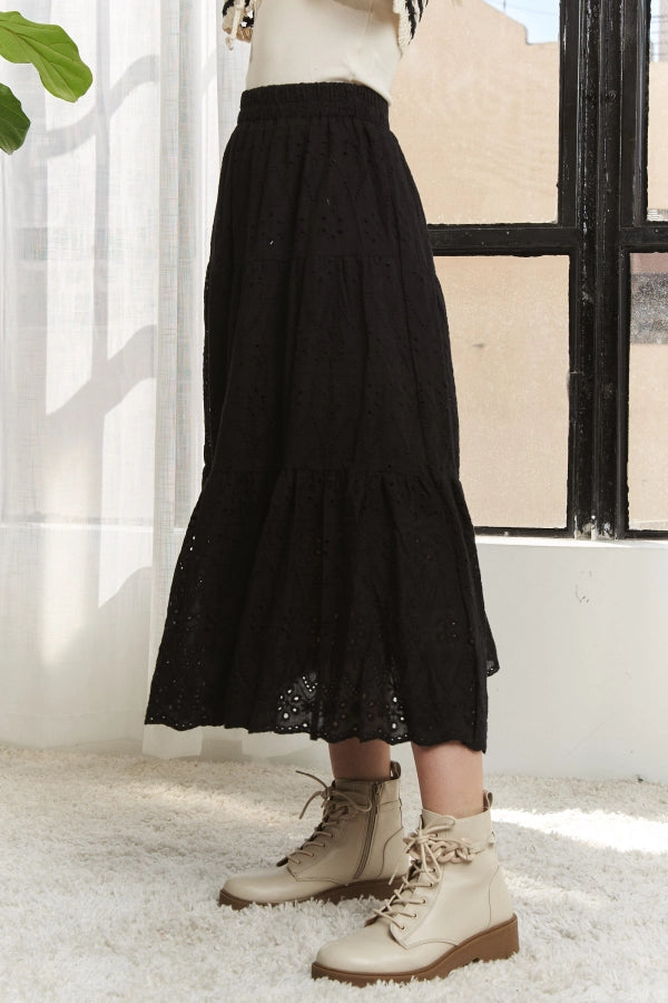 Elastic Waistband Tired Midi Skirt