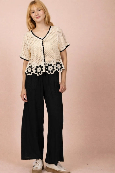 Floral Hem Crochet Button Down Top