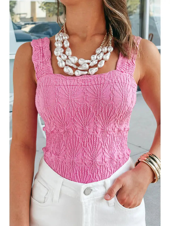 Square Neck Wide Straps Cropped Textured Tank Top