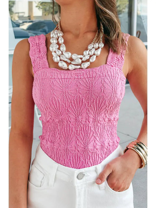 Square Neck Wide Straps Cropped Textured Tank Top