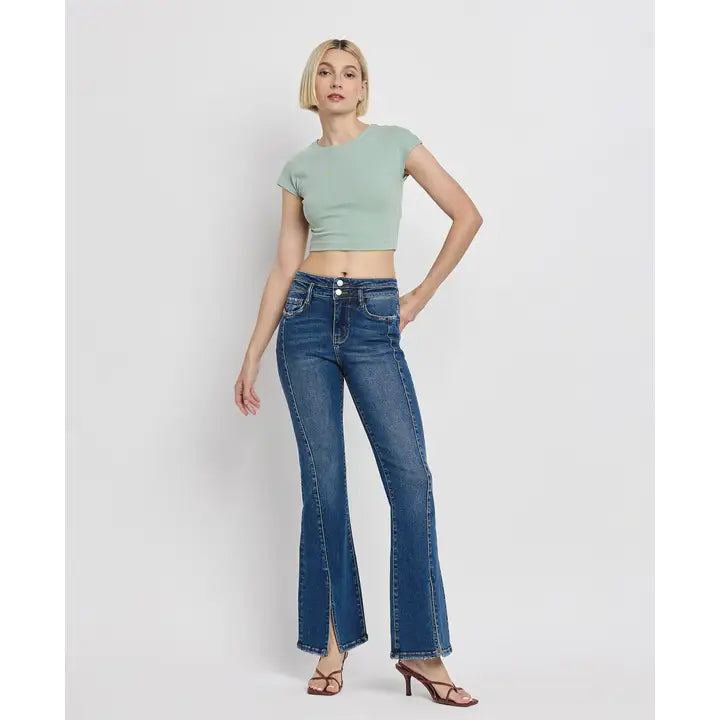 High Rise Front Seam Slit Flare Jeans