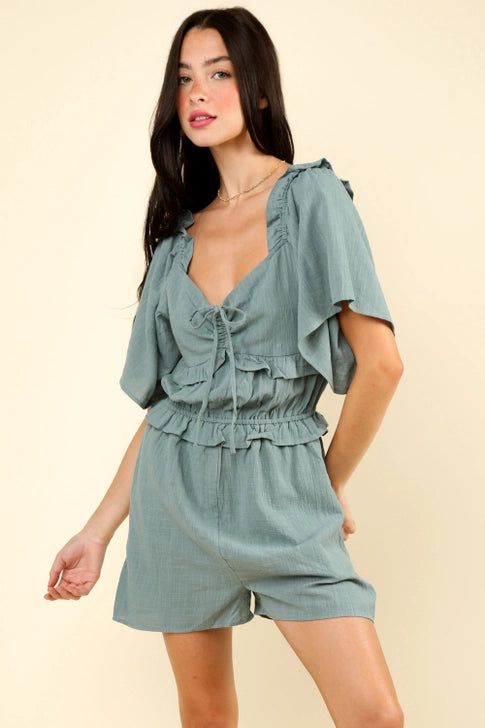 Sweetheart Neckline Casual Solid Woven Romper