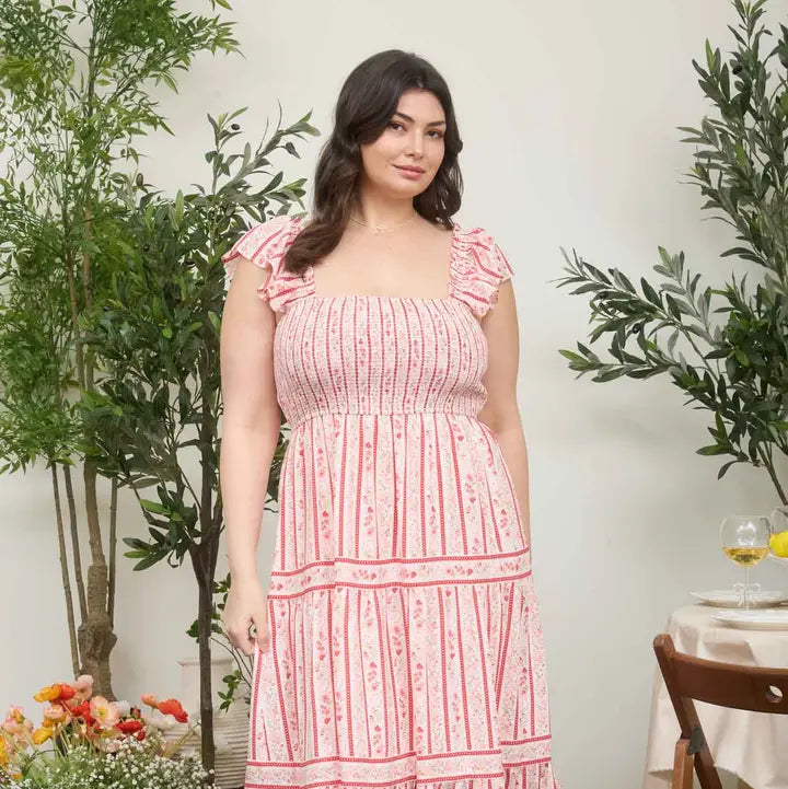 Stripe Floral Pattern Smocked Tiered Midi Dress