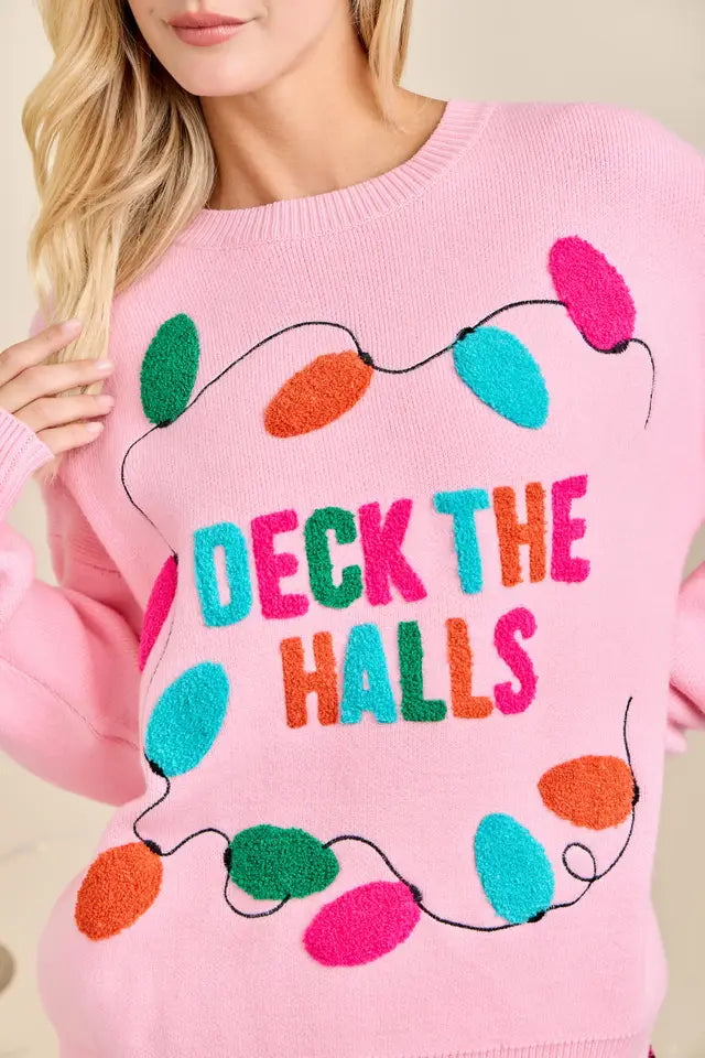 Deck the Halls Pink Christmas Knit Sweater Holiday Pullover