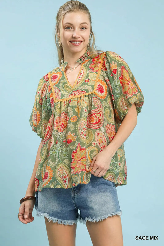 Mix Paisley Print Blouse with Puff Sleeves