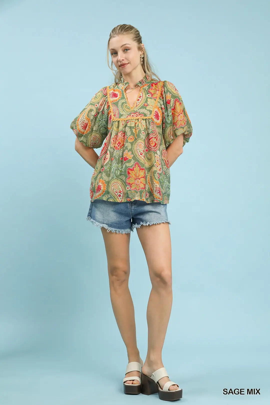 Mix Paisley Print Blouse with Puff Sleeves