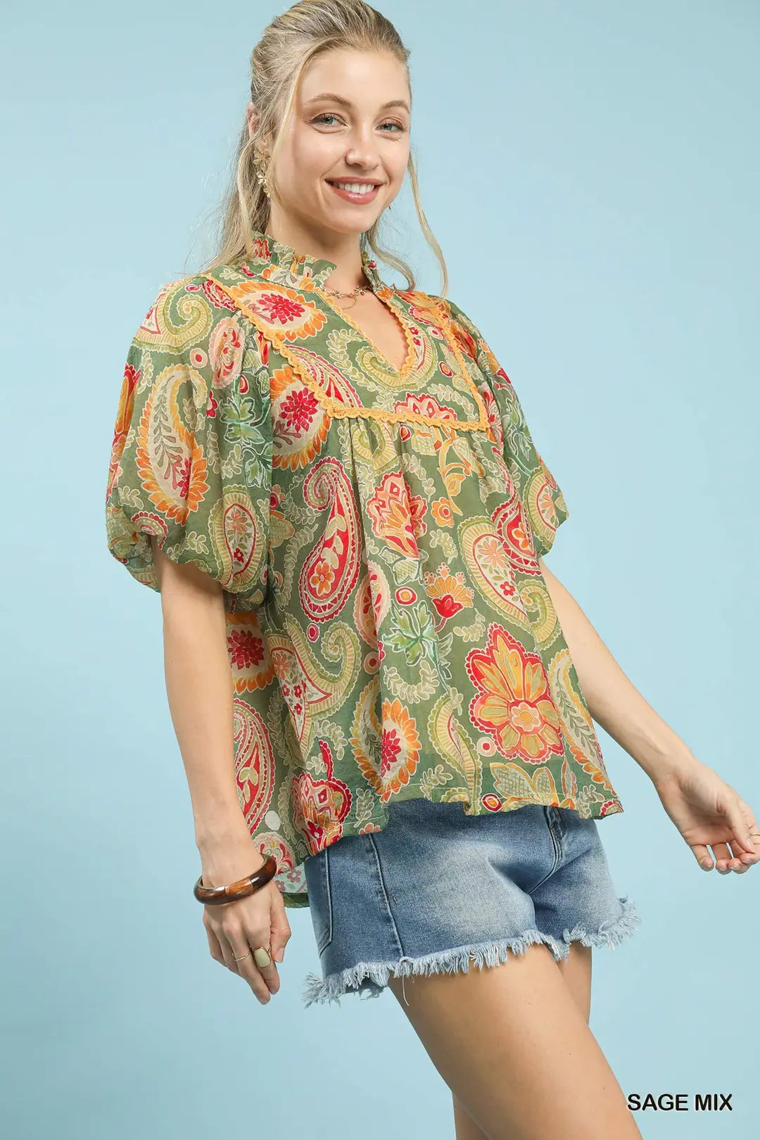 Mix Paisley Print Blouse with Puff Sleeves