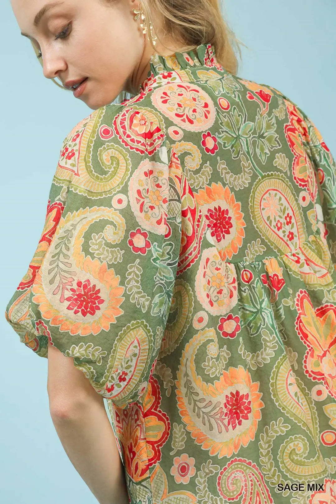 Mix Paisley Print Blouse with Puff Sleeves