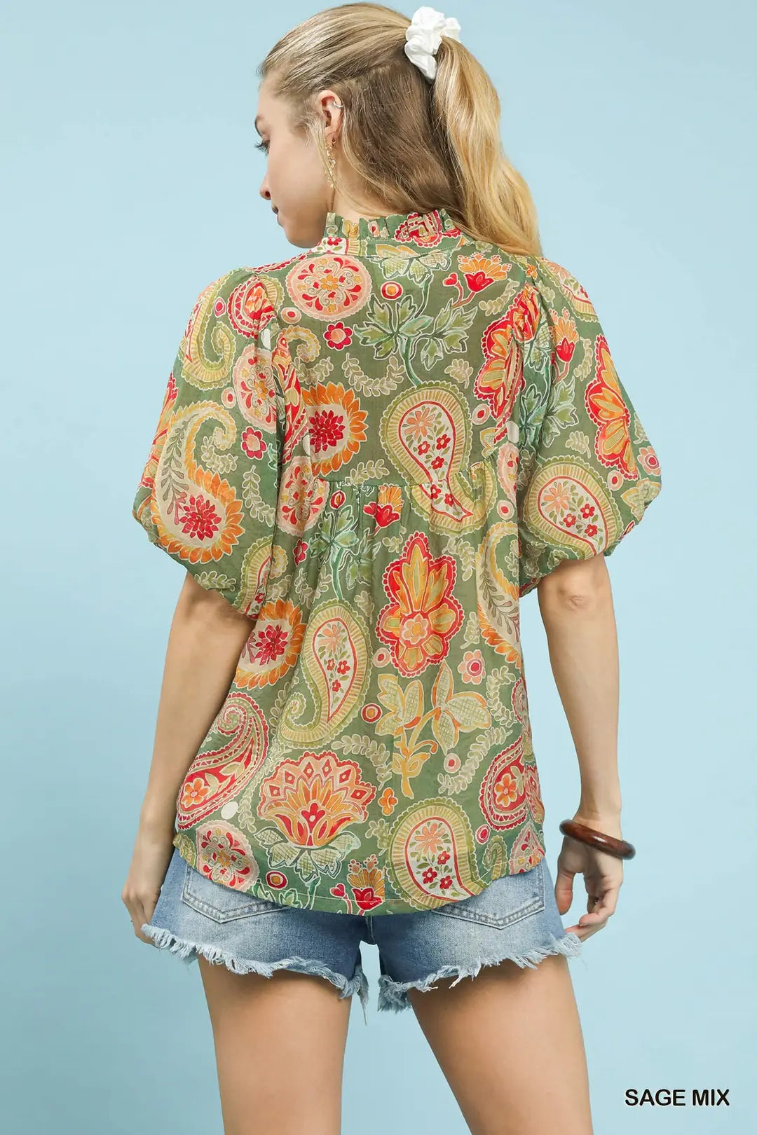 Mix Paisley Print Blouse with Puff Sleeves