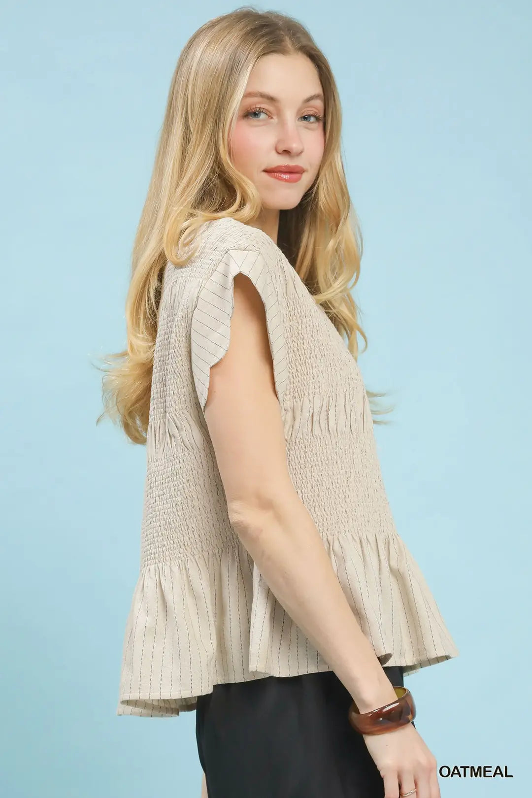 Pinstripe Smocked Flutter Sleeve Top