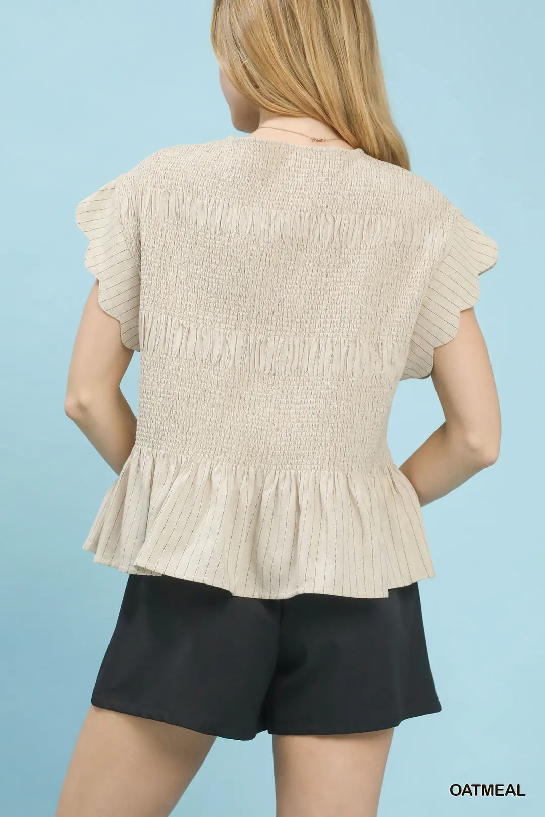 Pinstripe Smocked Flutter Sleeve Top