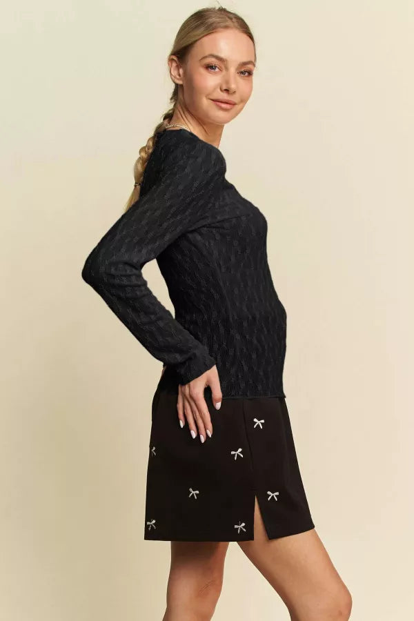 Long Sleeve Sheer Embroidered Bows Lace Top