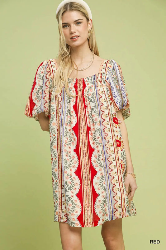 Mixed Print Puff Sleeve Mini Dress