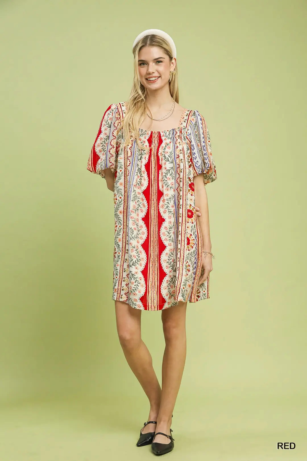 Mixed Print Puff Sleeve Mini Dress