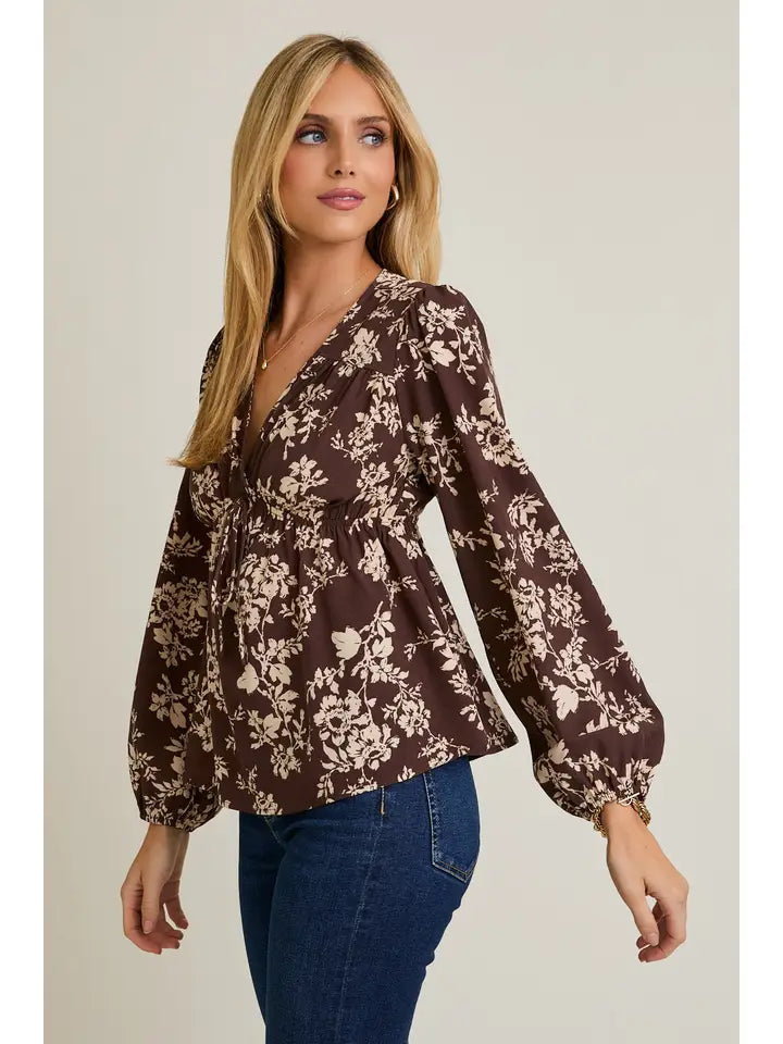 V-Neck Front Tie Long Sleeve Flare Hem Floral Top