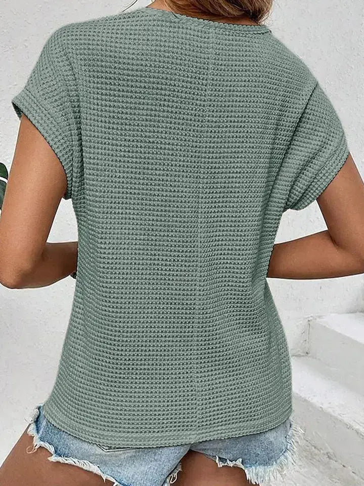 Lace Patchwork Waffle Knit Short Sleeve Top