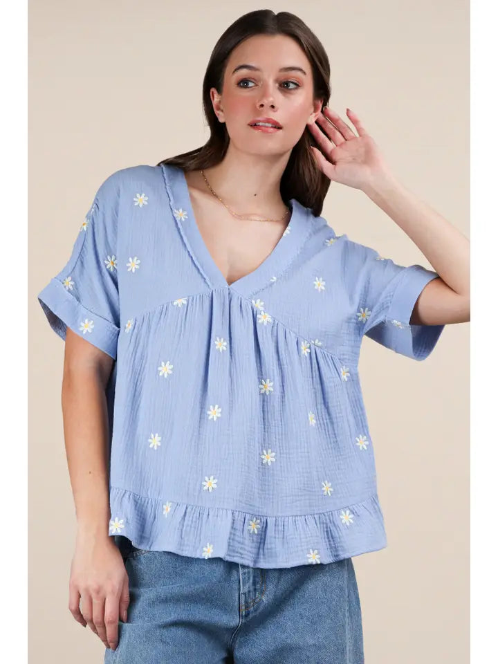 Flower Embroidered Woven Blouse