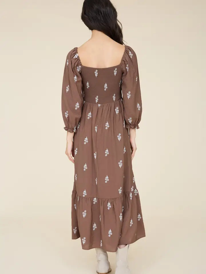 Floral Embroidery Long Sleeve Smocked Midi Dress
