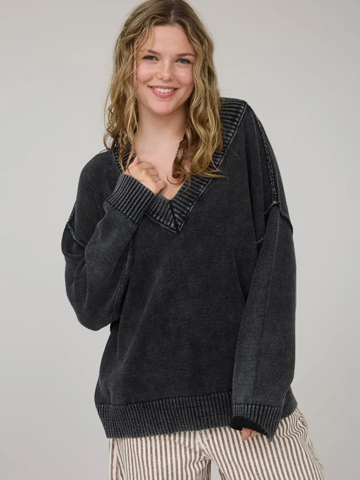 Washed V Neck Long Sleeve Oversized Knit Sweater