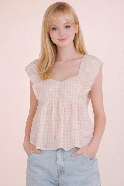 Embroidered Check Sleeveless Blouse