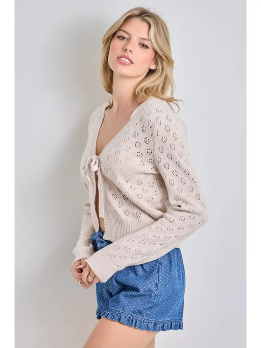 Pointelle Knit Front Tie Cardigan