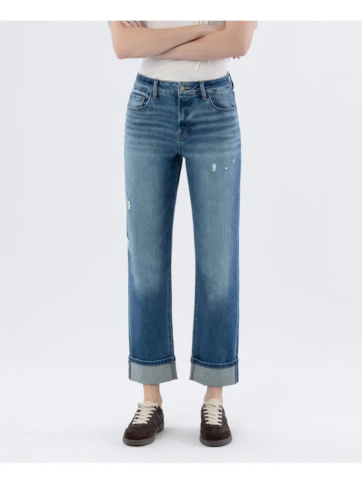 High Rise Cuffed Straight Jeans