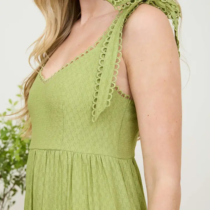 Scallop Eyelet Trim Tie Strap Midi Dress